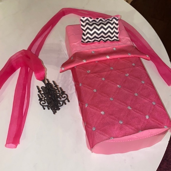 Barbie bed pink silver blanket black white pillow black chandelier pink drapes - Picture 2 of 14